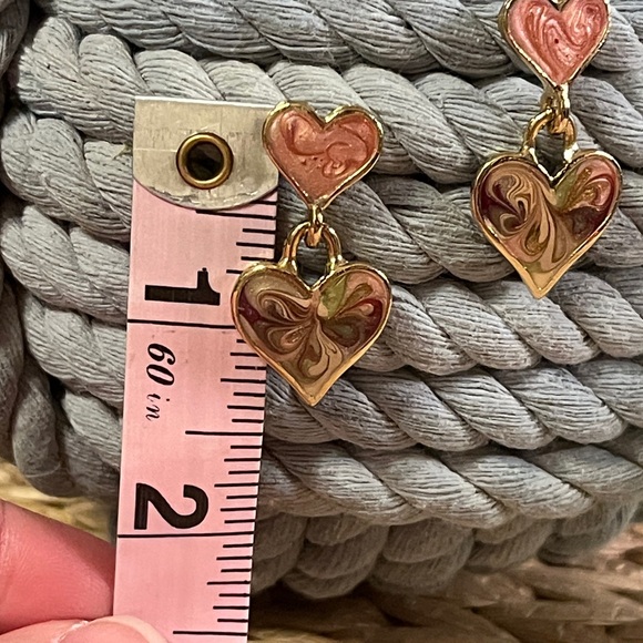 80s Gold and Pink Enameled Heart Earrings - Picture 2 of 2